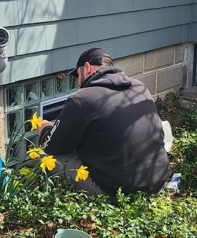 Man performing maintenance on a basement window surrounded by blooming yellow daffodils.