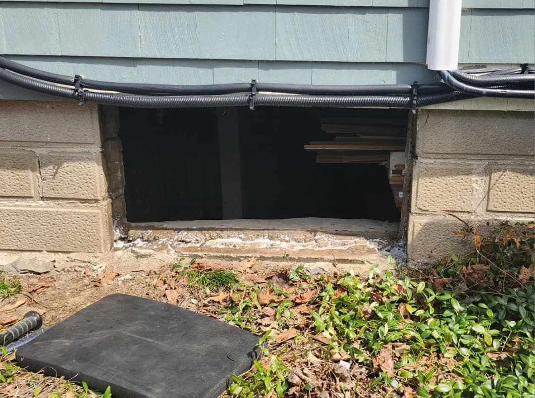 Crawl space opening under a house with visible construction materials and foliage nearby.